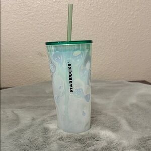 Starbucks Iridescent Marble Tumbler with Green Lid and Straw